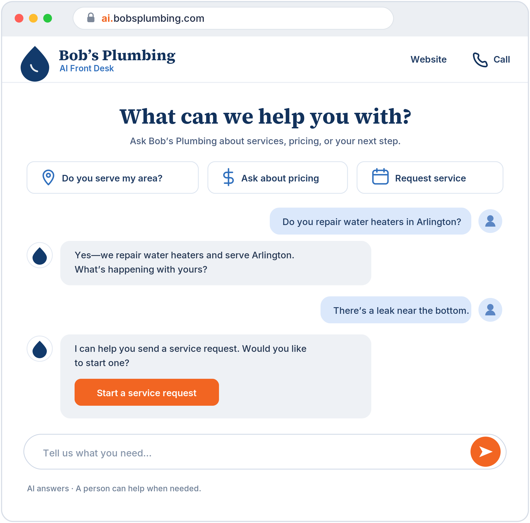 Bob's Plumbing's AI Front Desk at ai.bobsplumbing.com, where a customer asks about a water heater and gets an answer and a next step.